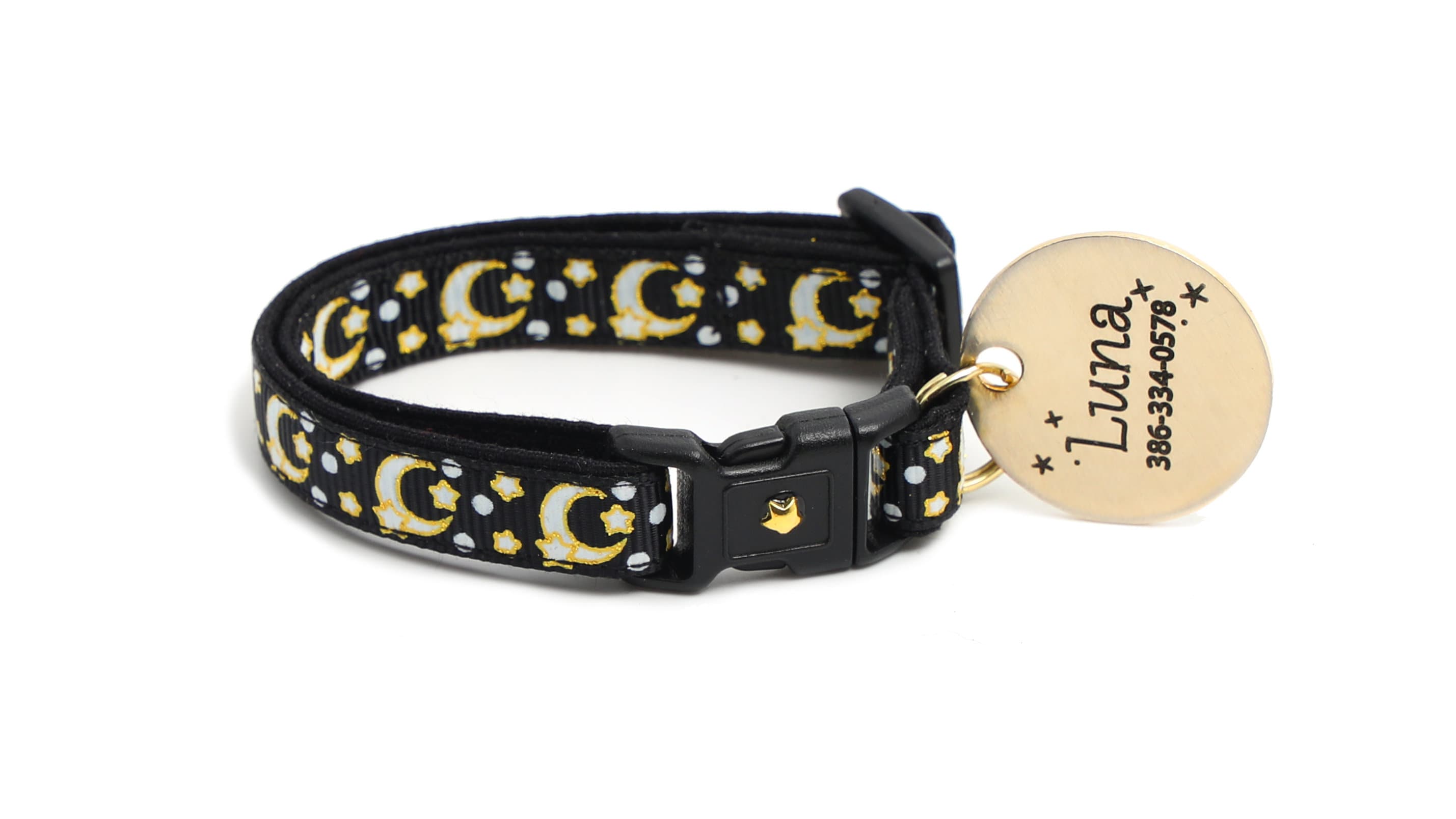 Black cat collar with gold moons and stars and personalized oval ID tag for Luz