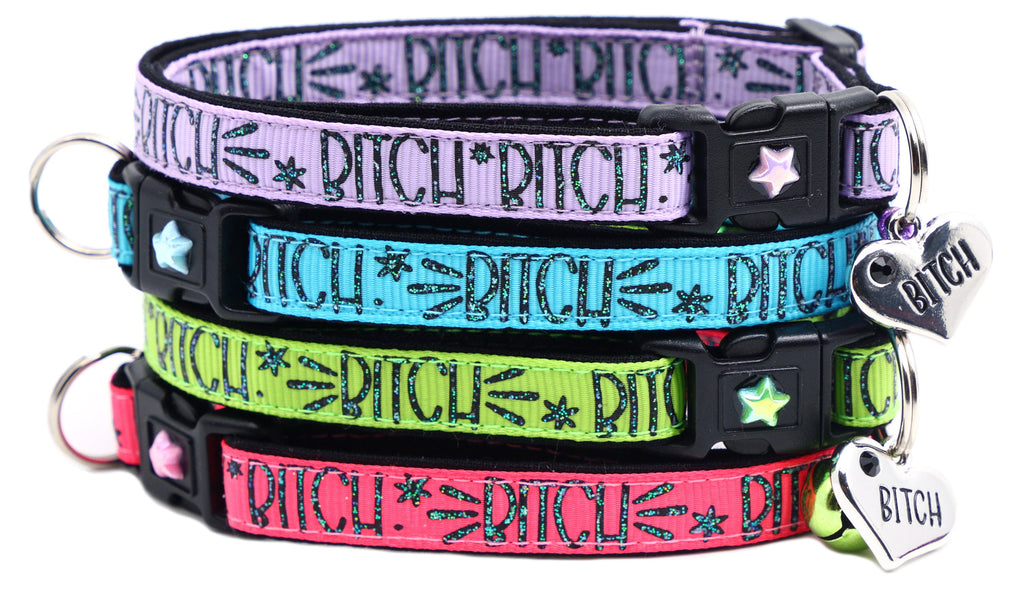 Breakaway cat collar set with pink, blue, green and purple straps, star and heart charms.