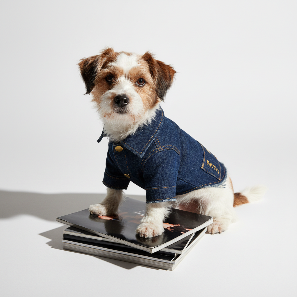 Stylish small dog wearing a classic blue denim jacket