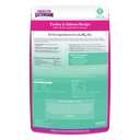 Grain-free turkey and salmon cat food pouch, magenta back panel with feeding info
