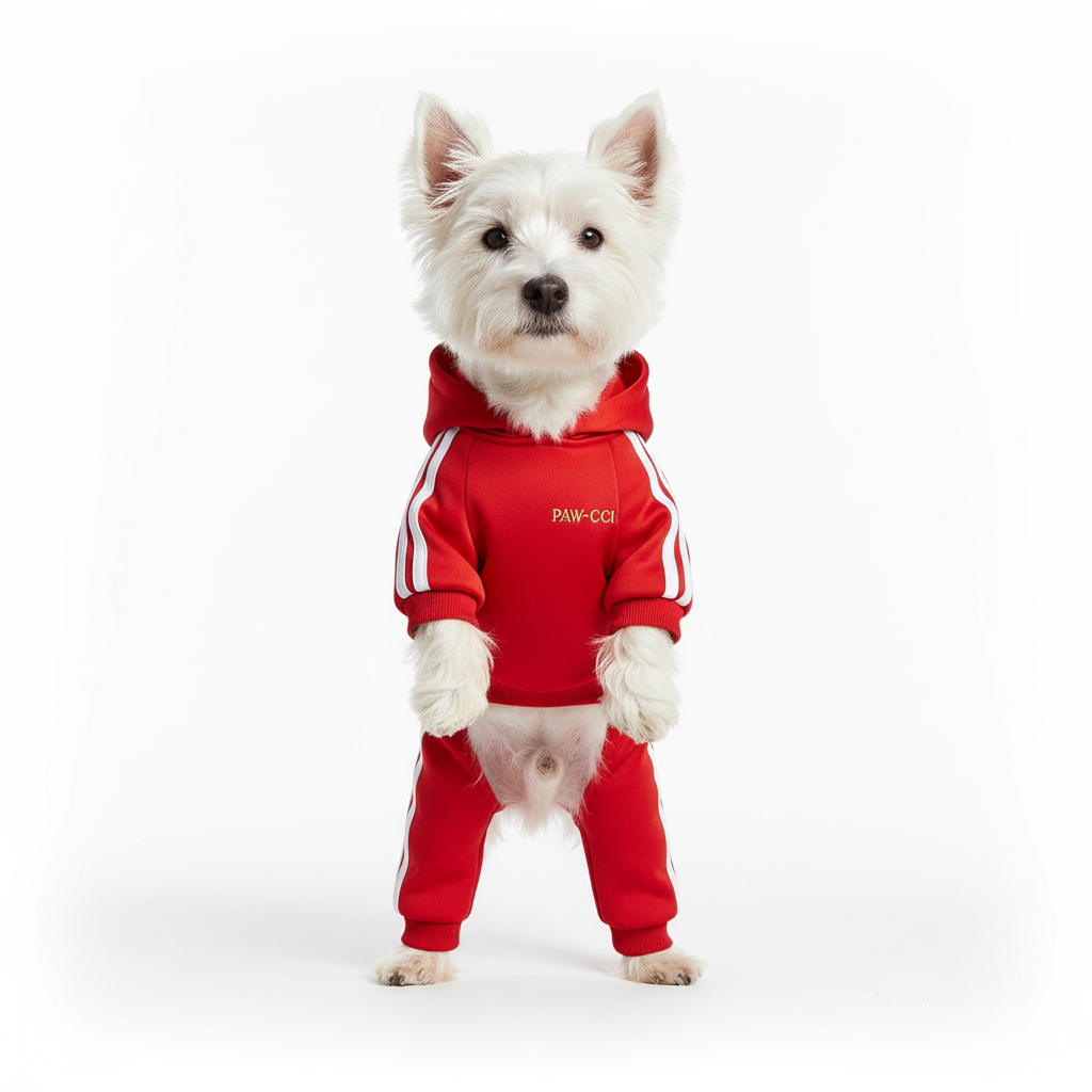 Small dog wearing a red sporty tracksuit hoodie with white stripes