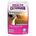 Grain-free turkey and salmon cat food pouch with magenta front label and logo