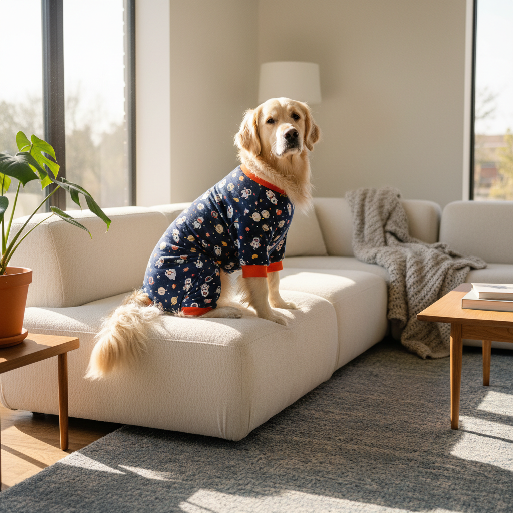 Large dog wearing navy blue astronaut print recovery onesie