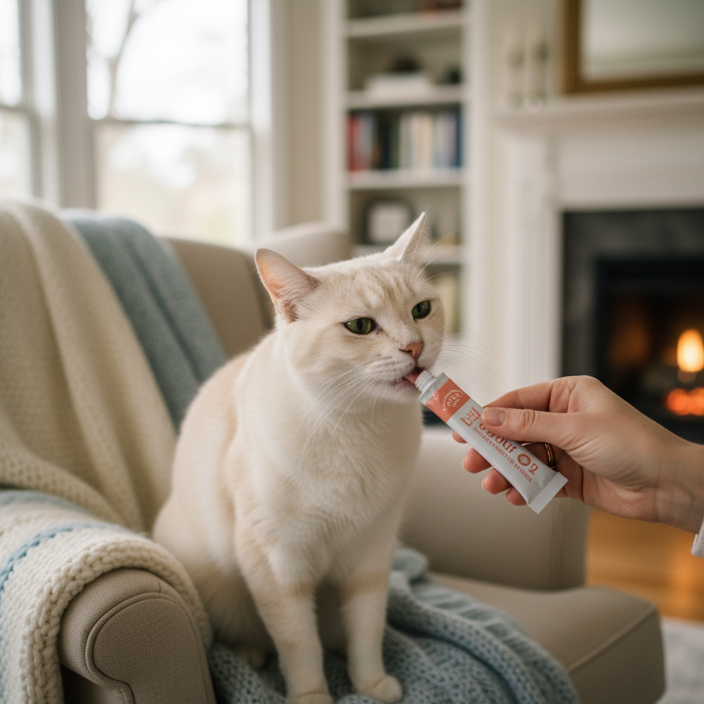 Lickable cat treat tube in a hand, tuna and chicken flavor