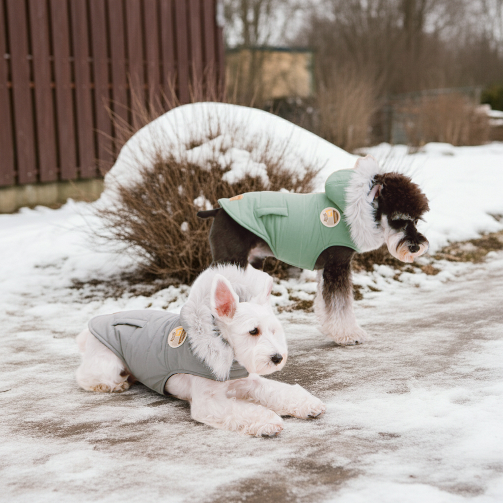 Mint green quilted dog coat parka with faux fur hood and front opening