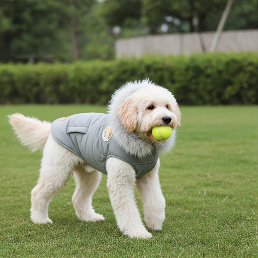 Gray insulated dog coat parka with faux fur hood and zip-front closure