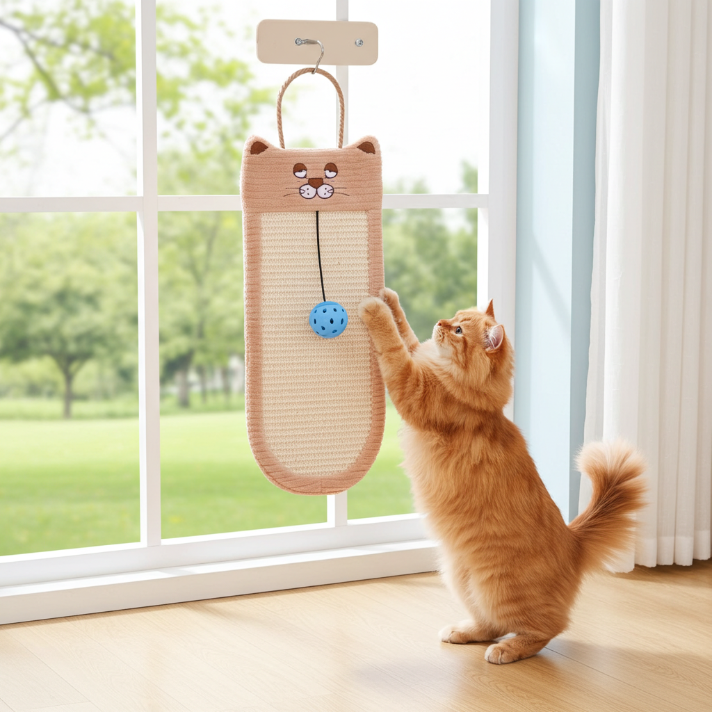 Brown hanging sisal and jute cat scratcher with woven pocket and dangling toy