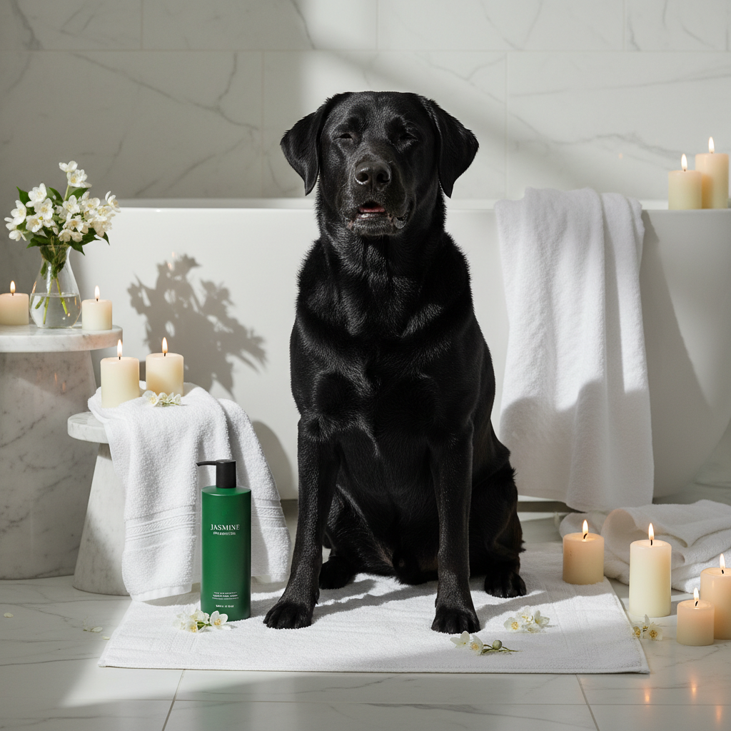 Pet bath gel bottle with green label beside towel with black dog