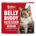 Cat probiotic supplement powder box, red with tabby cat portrait, Belly Buddy for cats
