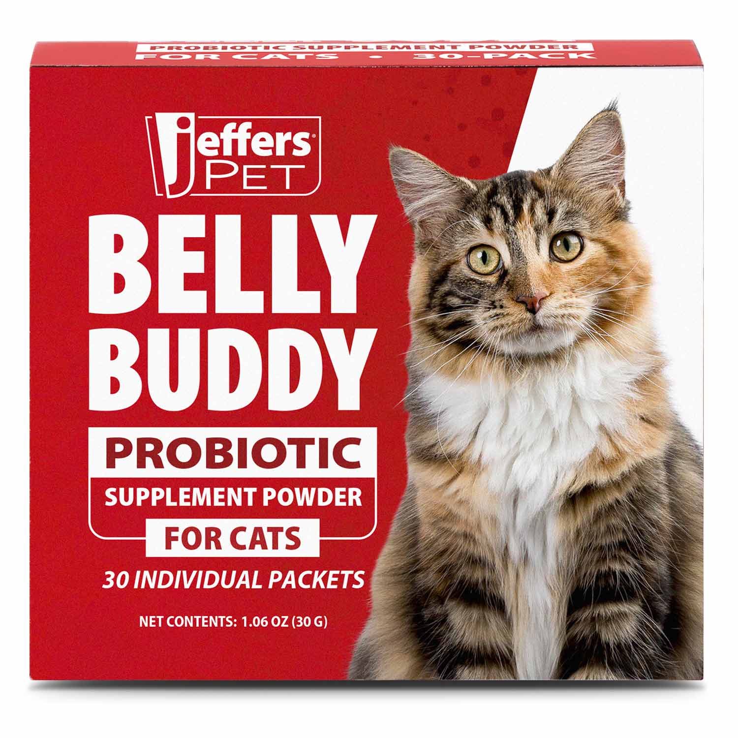 Cat probiotic supplement powder box, red with tabby cat portrait, Belly Buddy for cats