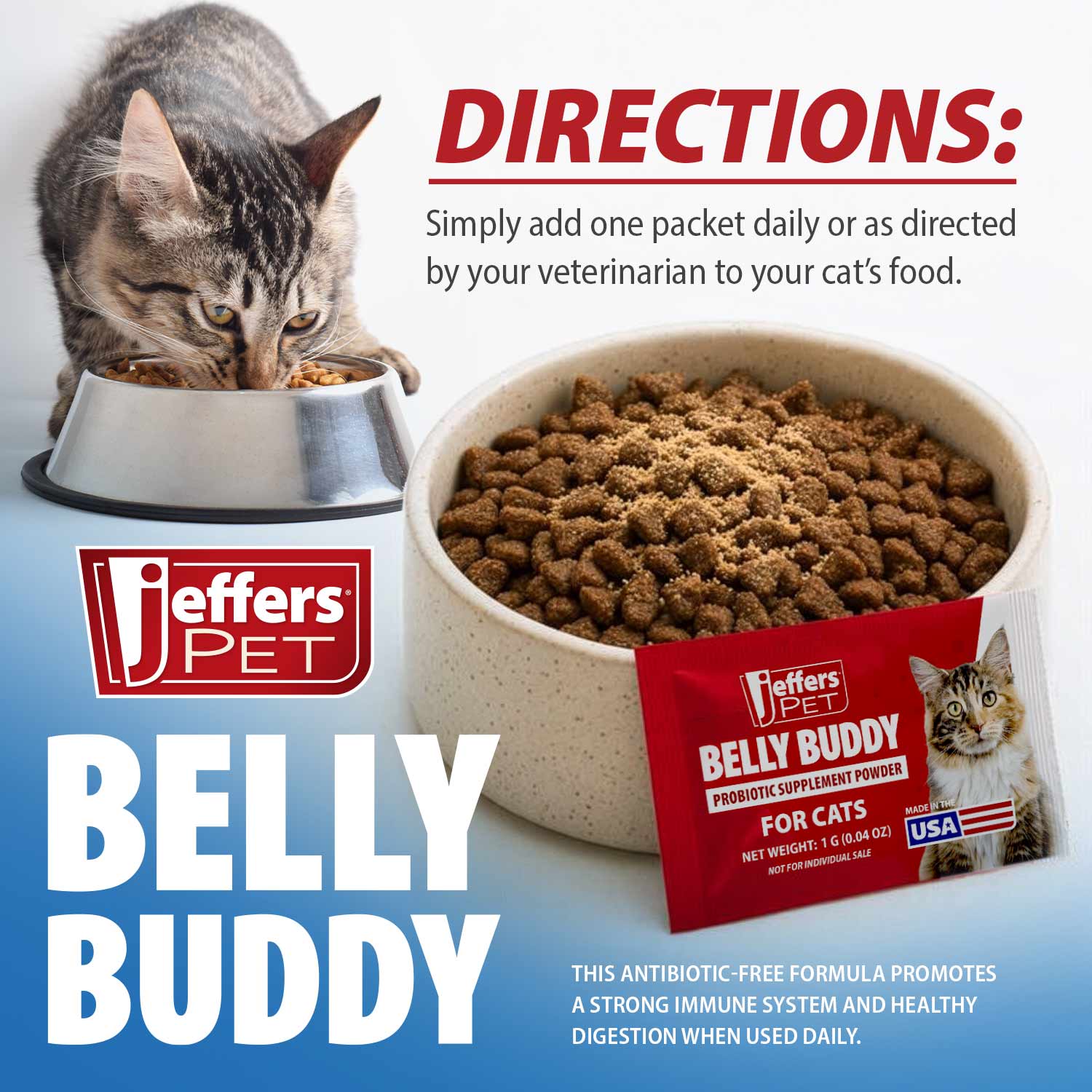 Cat probiotic powder packet with feeding bowl and tabby cat, Belly Buddy for cats