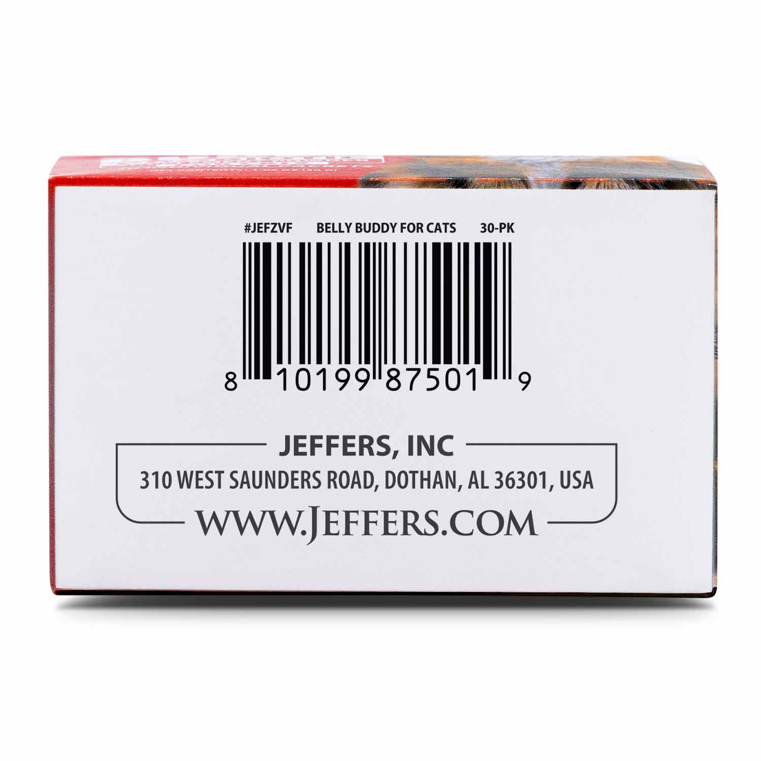 Cat probiotic supplement box side with barcode and address, Belly Buddy for cats