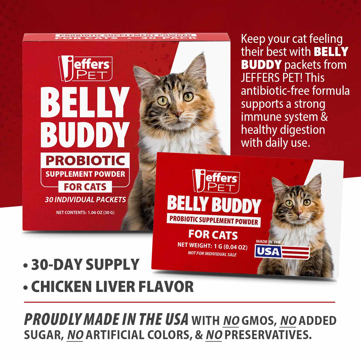 Cat probiotic supplement box and packet, Belly Buddy for cats, 30-day supply