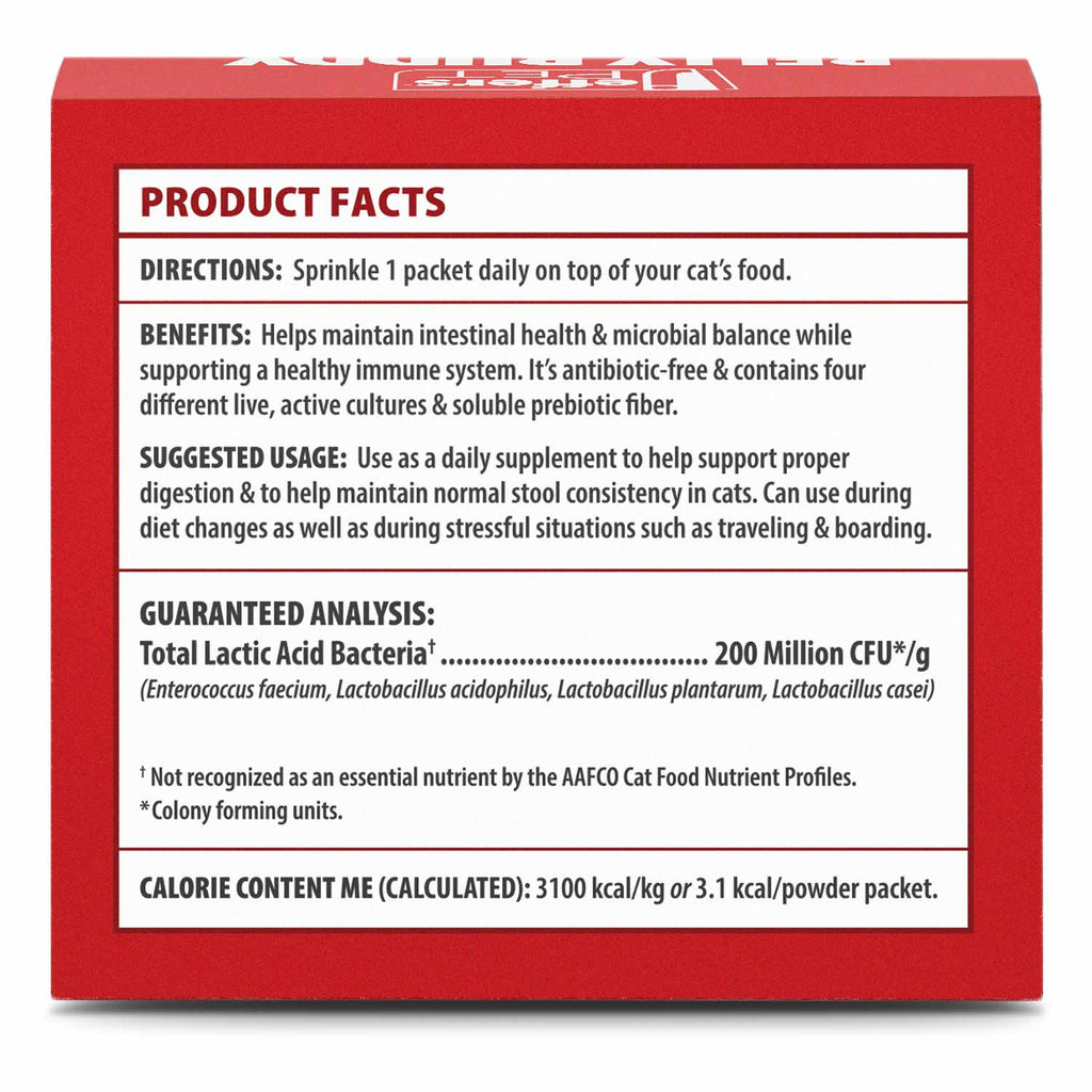 Cat probiotic supplement box back label with product facts, Belly Buddy for cats