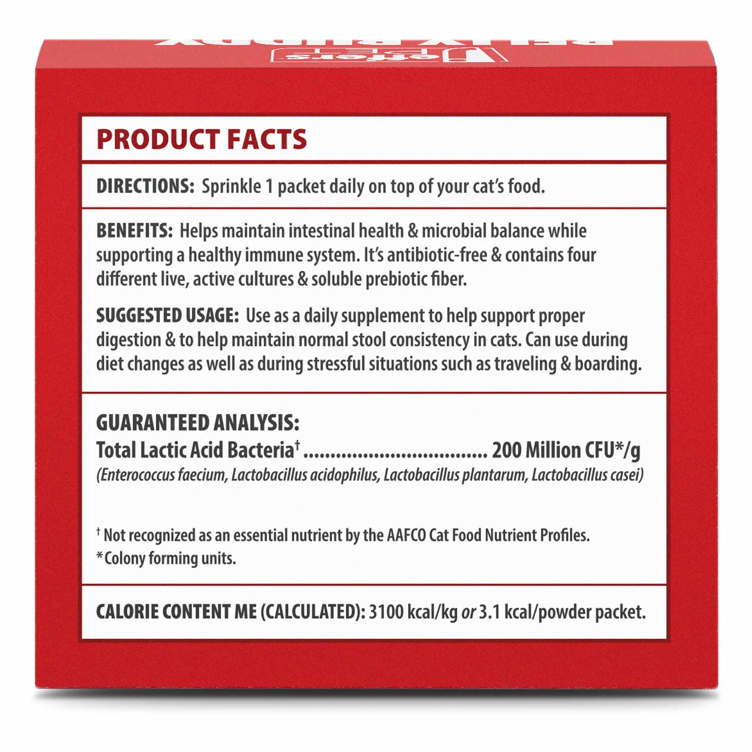 Cat probiotic supplement box back label with product facts, Belly Buddy for cats