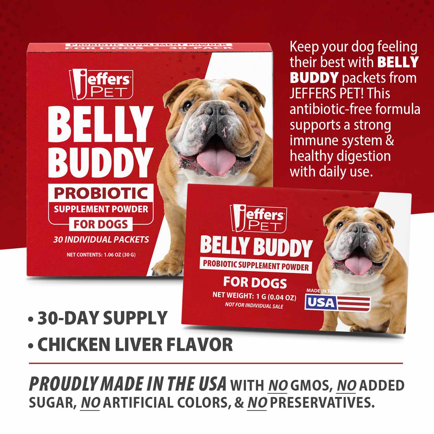 Dog probiotic supplement powder box set, Jeffers Pet BELLY BUDDY, chicken liver flavor