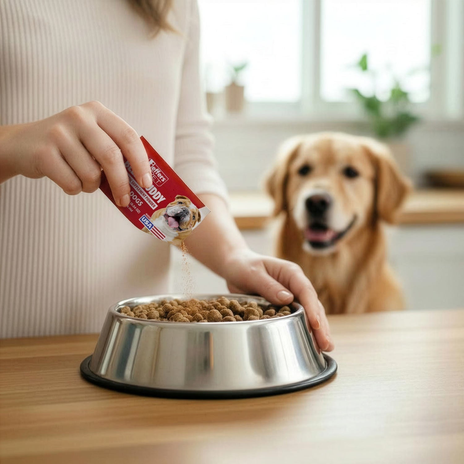 Dog probiotic supplement packet being poured onto dog food from a bowl