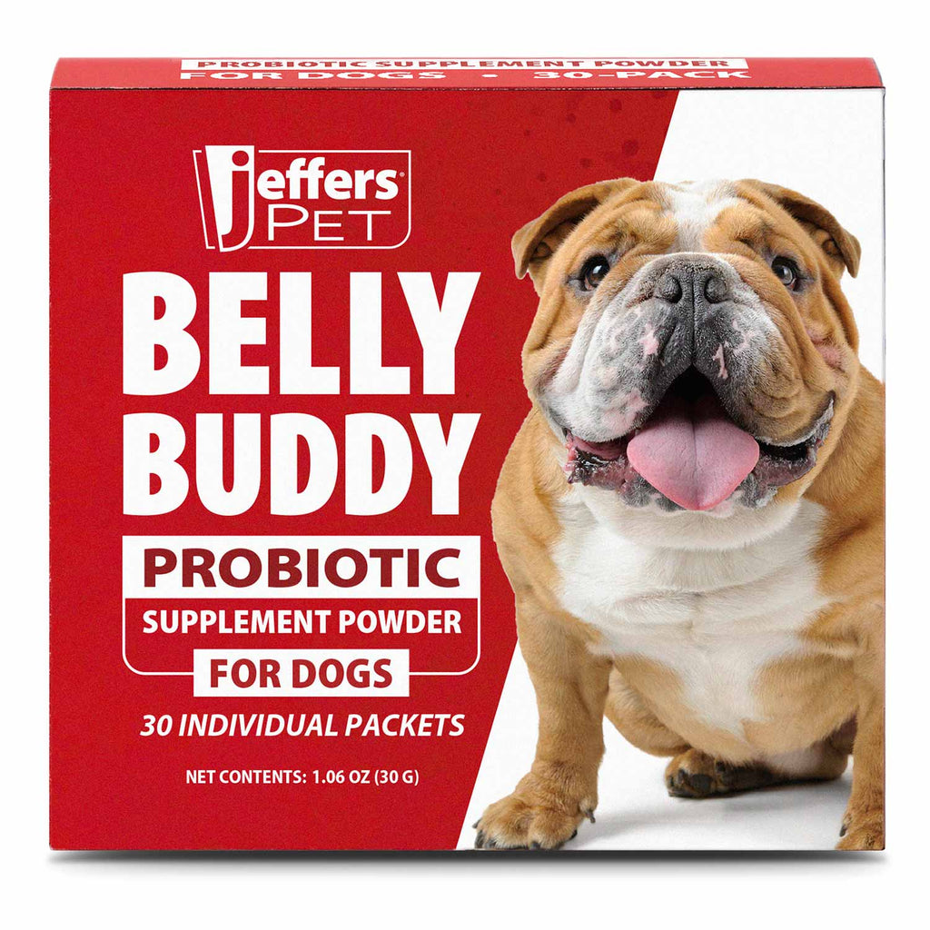 Dog probiotic supplement powder box, Jeffers Pet BELLY BUDDY, 30 packets