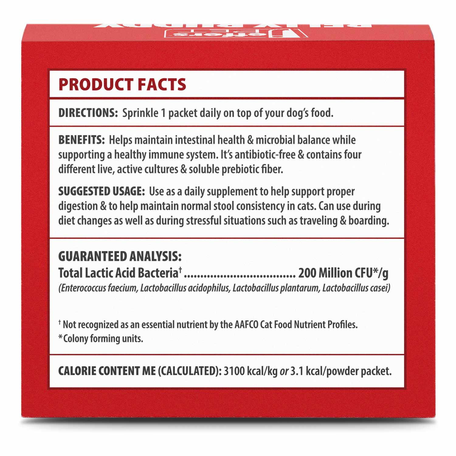 Dog probiotic supplement powder box back panel with product facts text