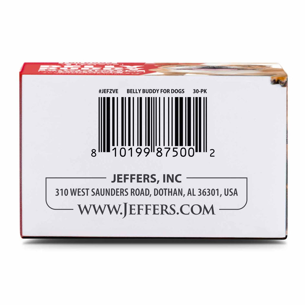 Dog probiotic supplement powder carton back with barcode and Jeffers contact info
