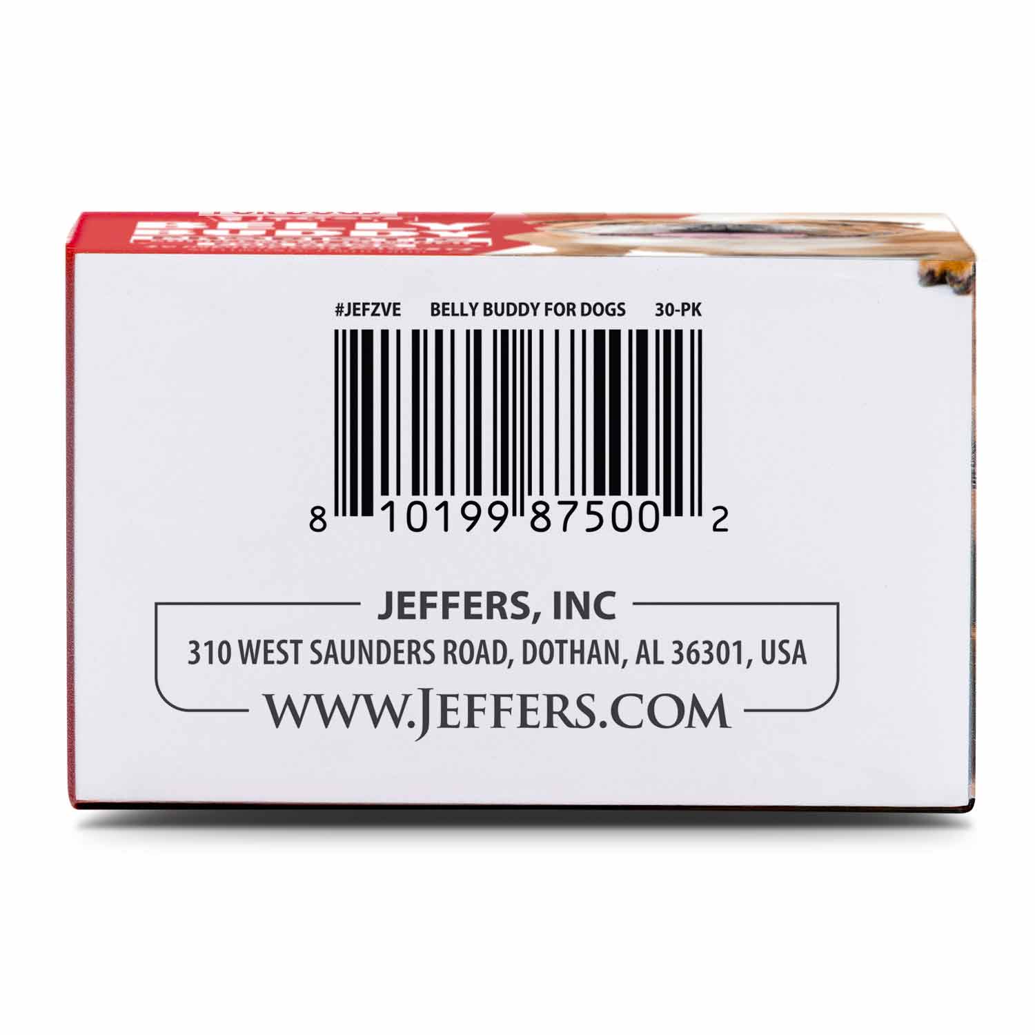 Dog probiotic supplement powder carton back with barcode and Jeffers contact info