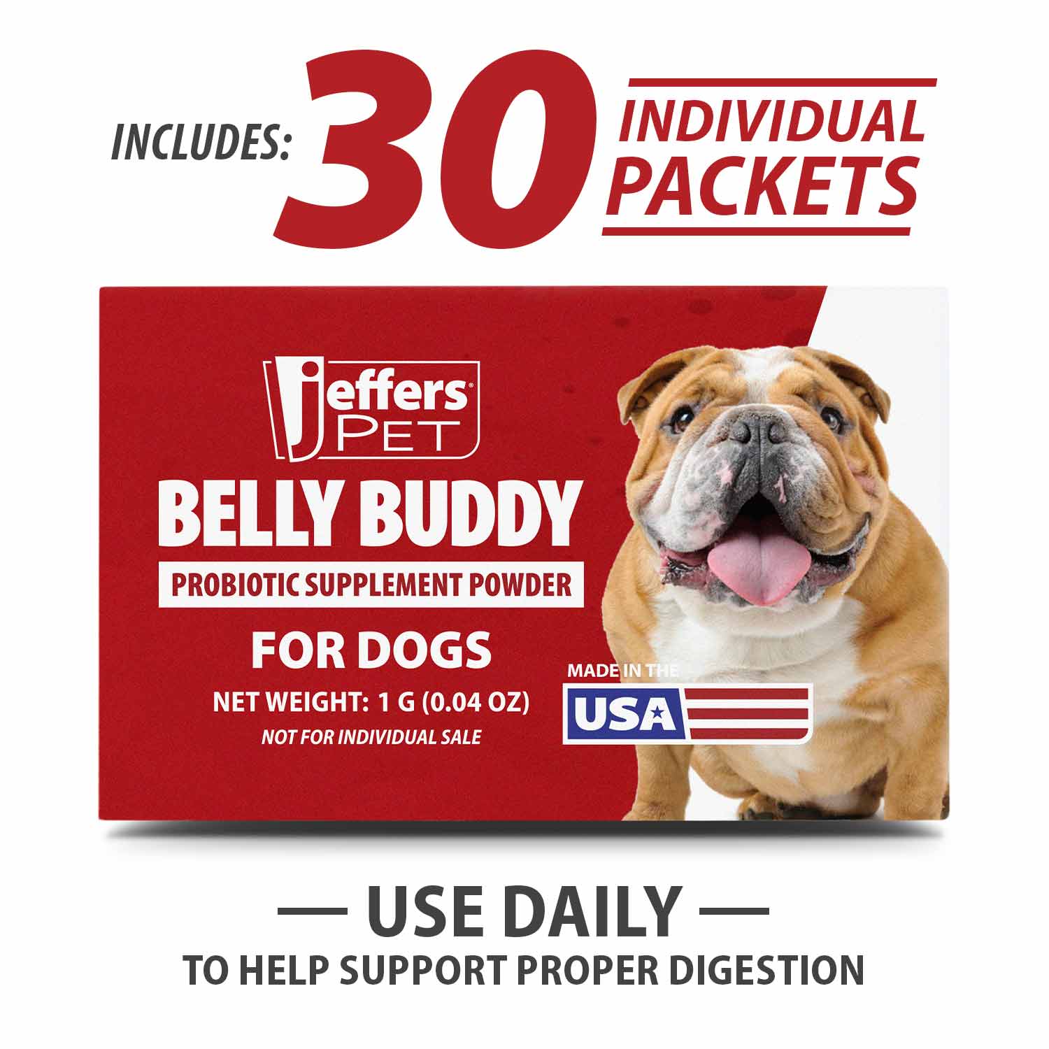 Dog probiotic supplement powder box, Jeffers Pet BELLY BUDDY, 30 individual packets