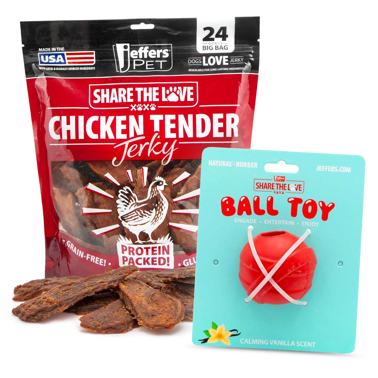 Dog chew toy kit with red ball interactive rubber and chicken jerky treats bag