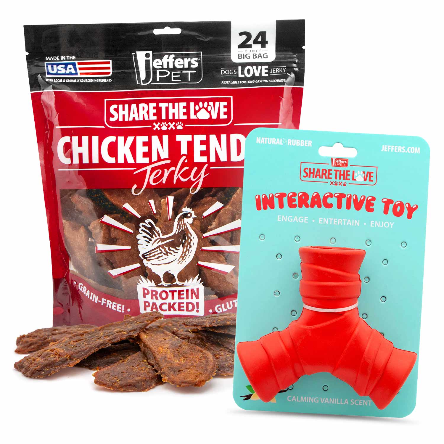 Dog chew toy kit with red bottle-shaped interactive rubber and chicken jerky treats bag