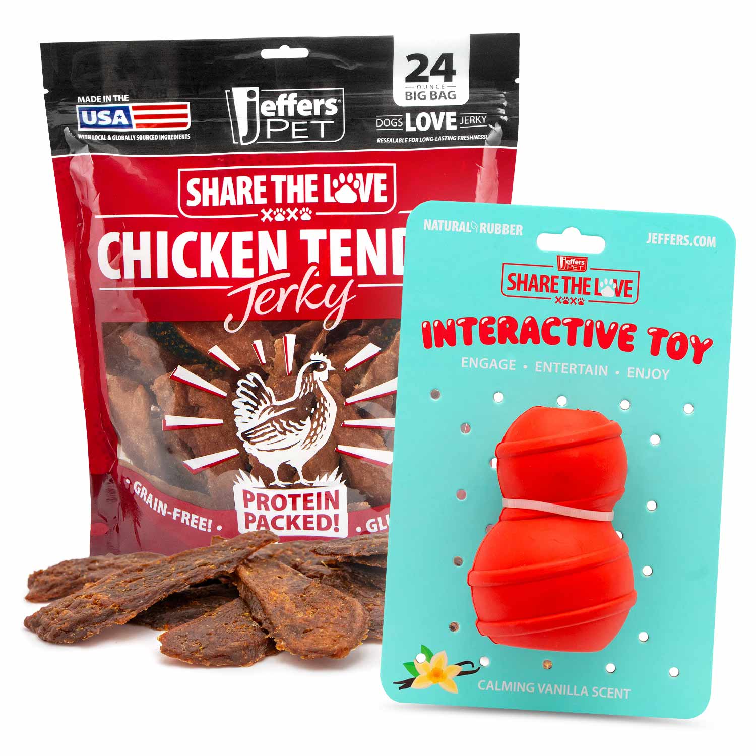 Dog chew toy kit with red stack-bone interactive rubber and chicken jerky treats bag