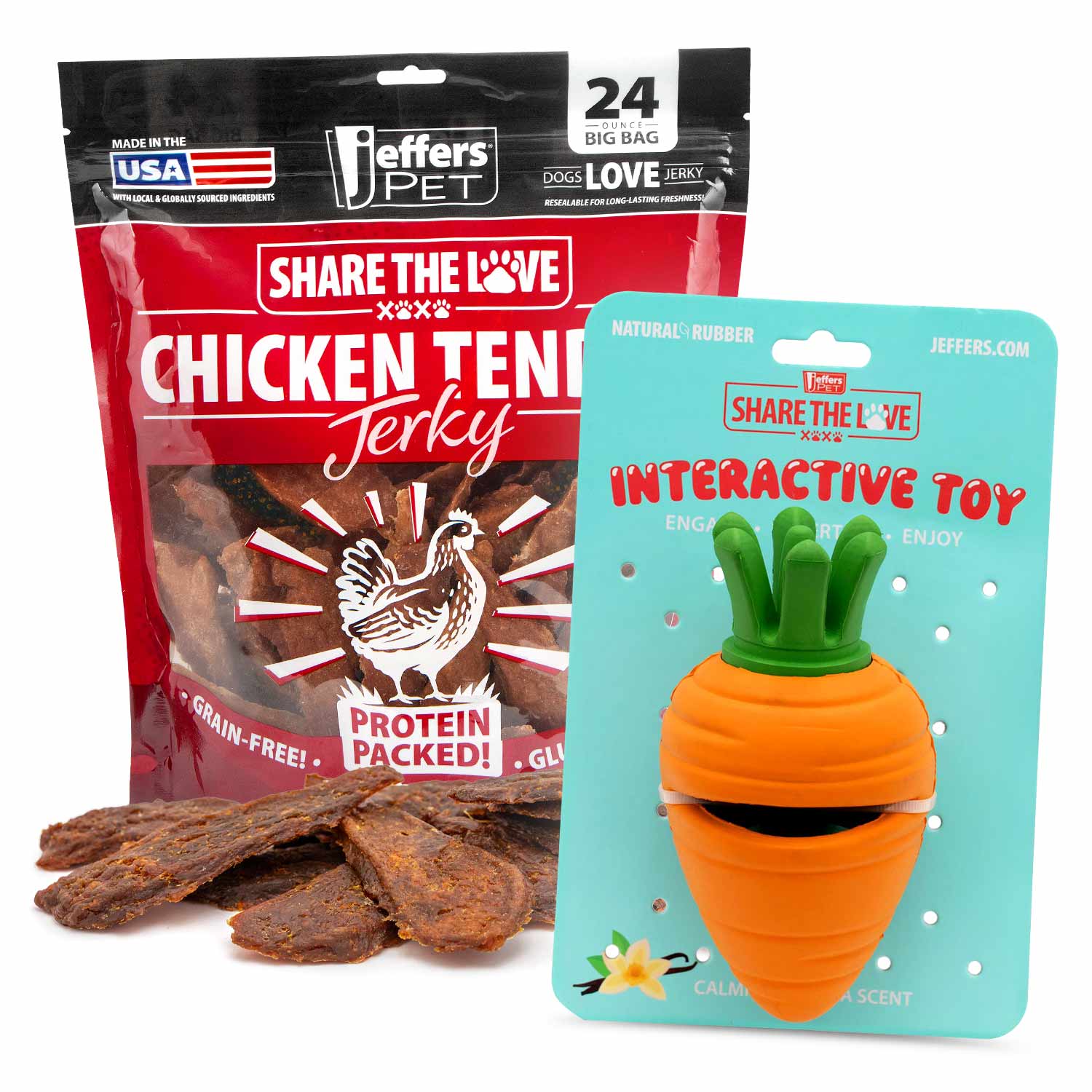 Dog chew toy kit with green carrot-shaped interactive rubber and chicken jerky treats bag