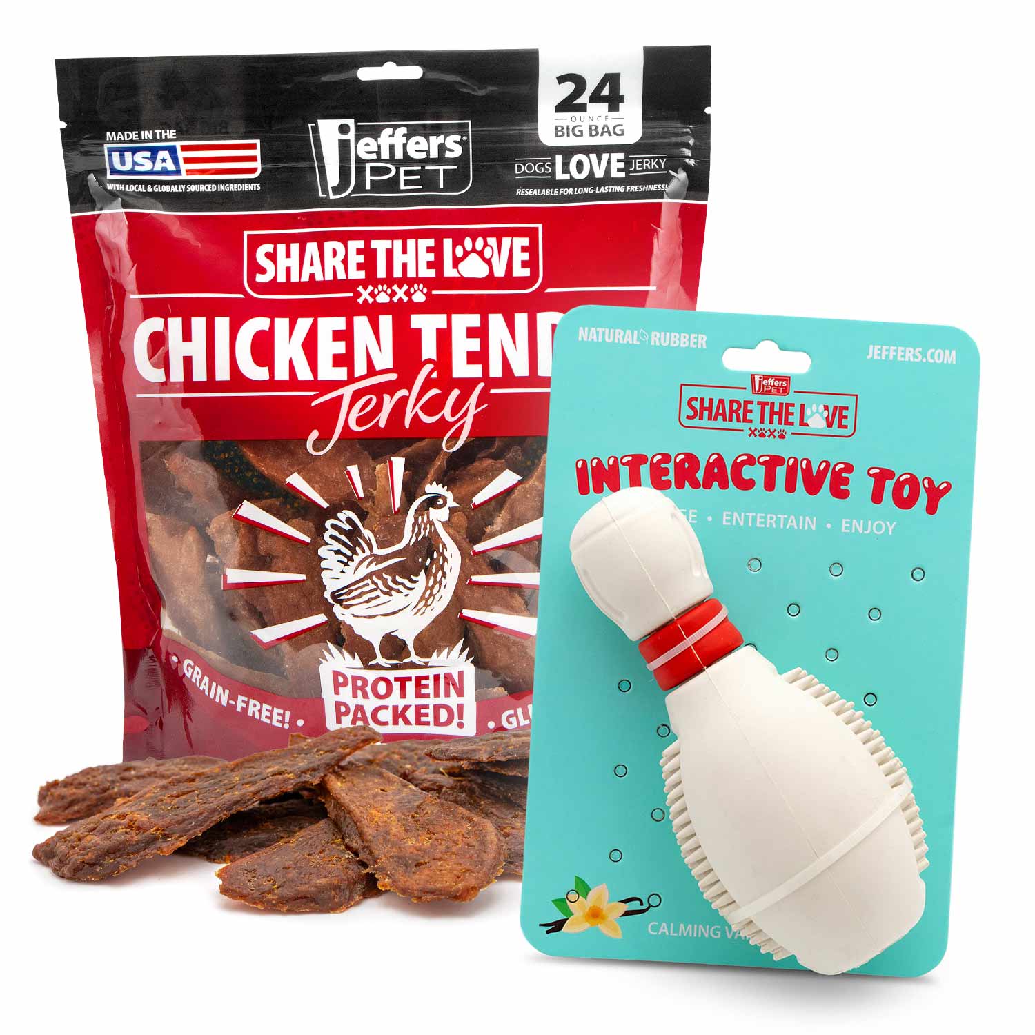 Dog chew toy kit with white bone-shaped interactive rubber and chicken jerky treats bag