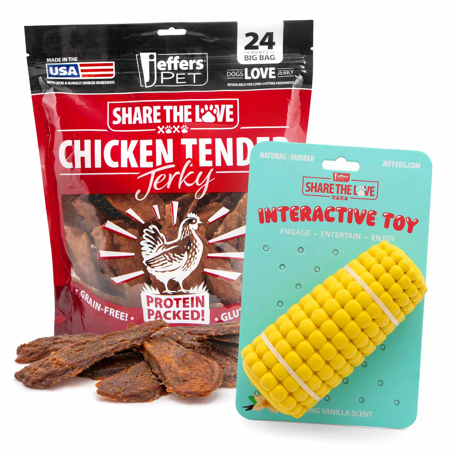 Dog chew toy kit with yellow corn cob interactive rubber and chicken jerky treats bag