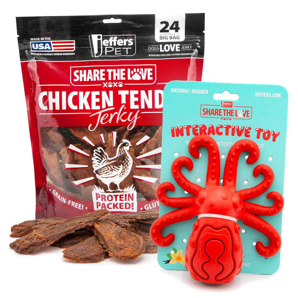 Chicken jerky treats with red octopus interactive rubber toy, bag and chew pieces included