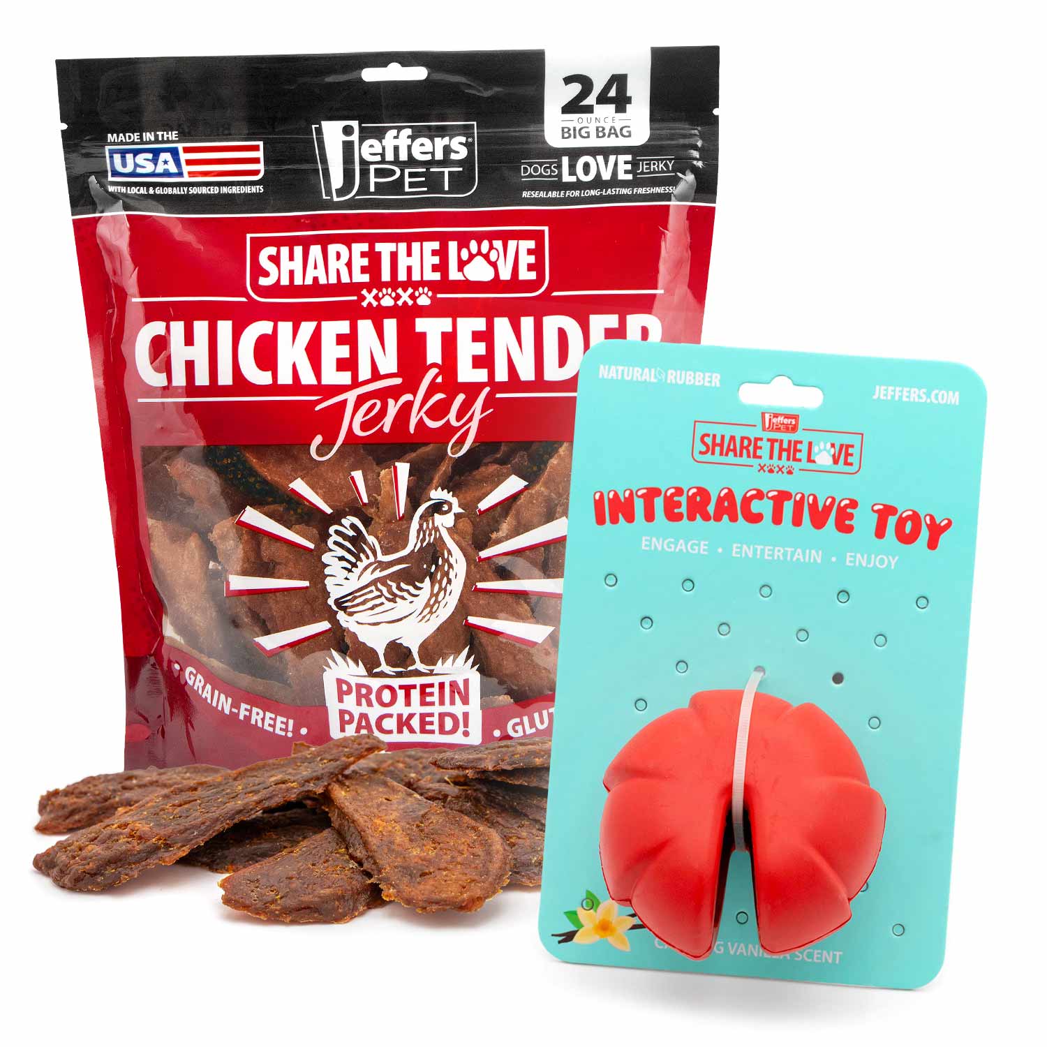 Dog chew toy kit with red flower-shaped interactive rubber and chicken jerky treats bag
