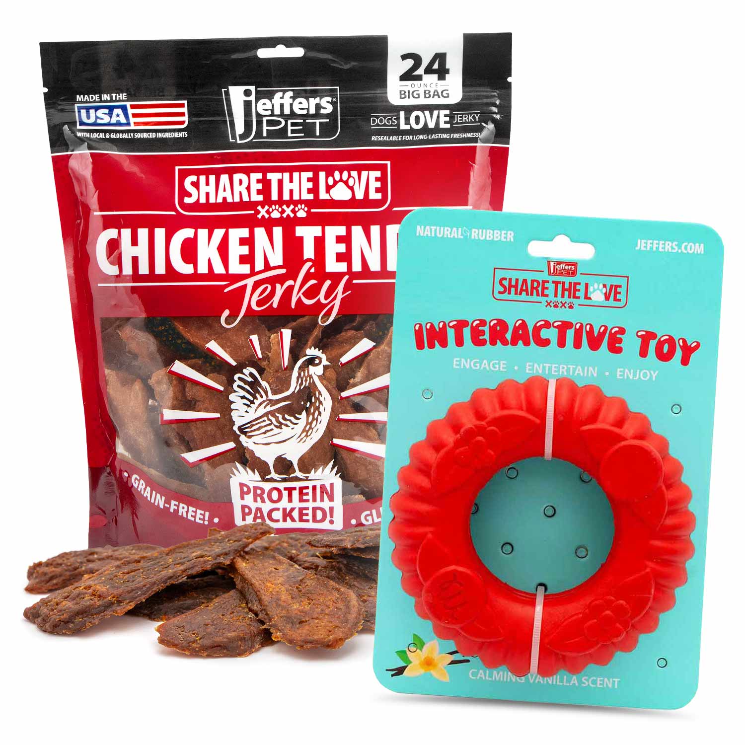 Dog chew toy kit with red flower ring interactive rubber and chicken jerky treats bag