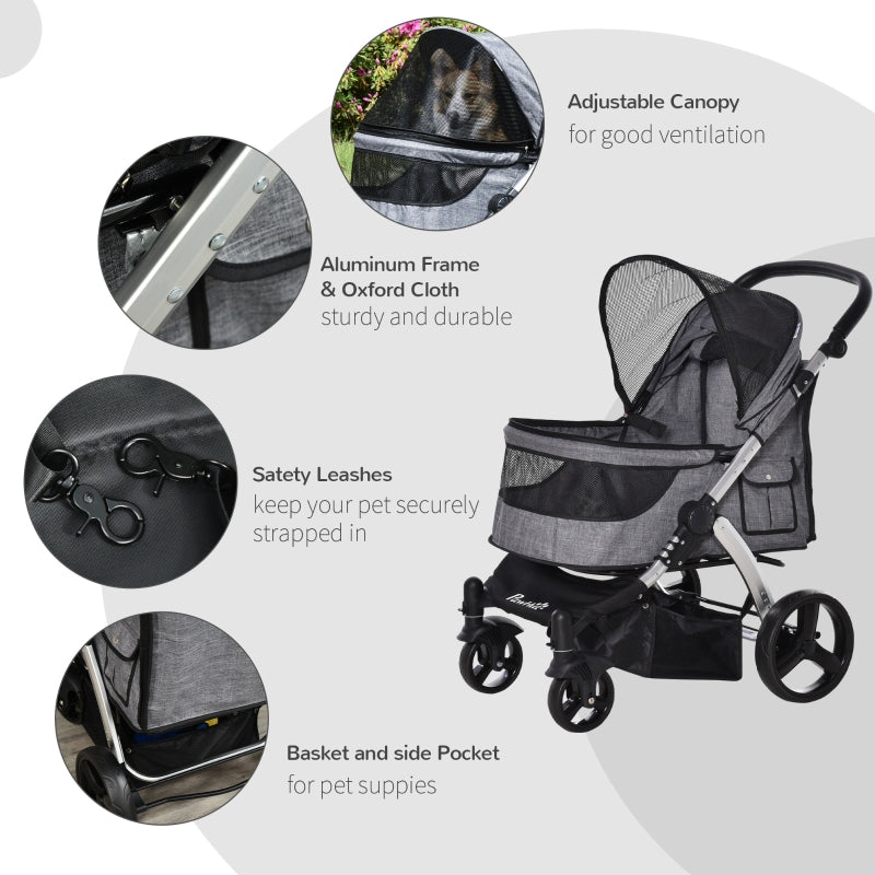 Pet stroller with adjustable canopy and side pocket, gray fabric and black mesh seat