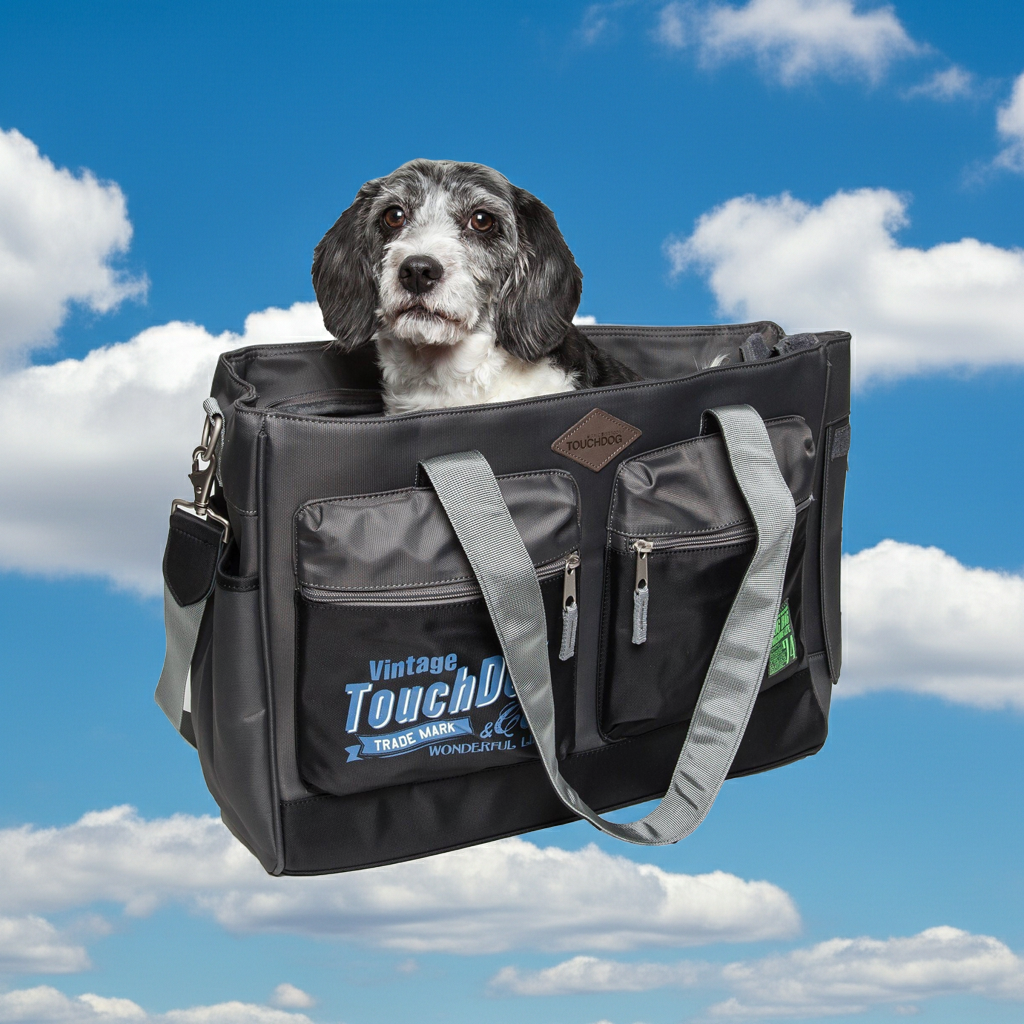 Water-resistant pet dog carrier tote, black with front zip pockets and shoulder strap