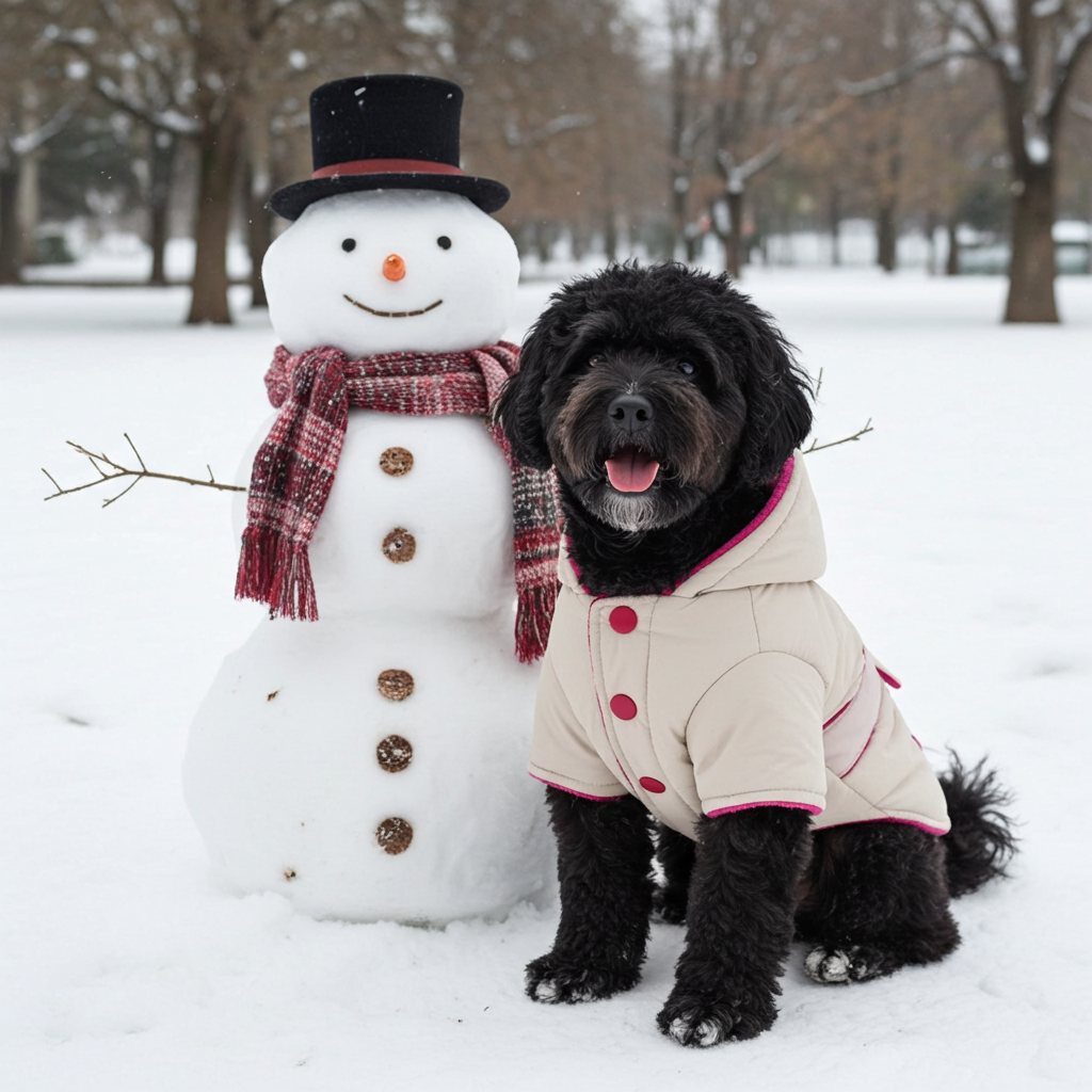 Cream hooded puffer dog jacket with magenta trim and front snap buttons