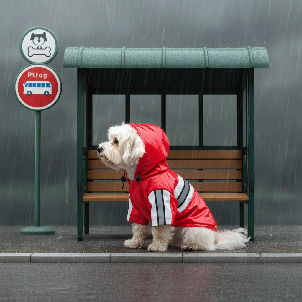 Red reflective waterproof dog raincoat jacket with hood and vertical reflective stripes