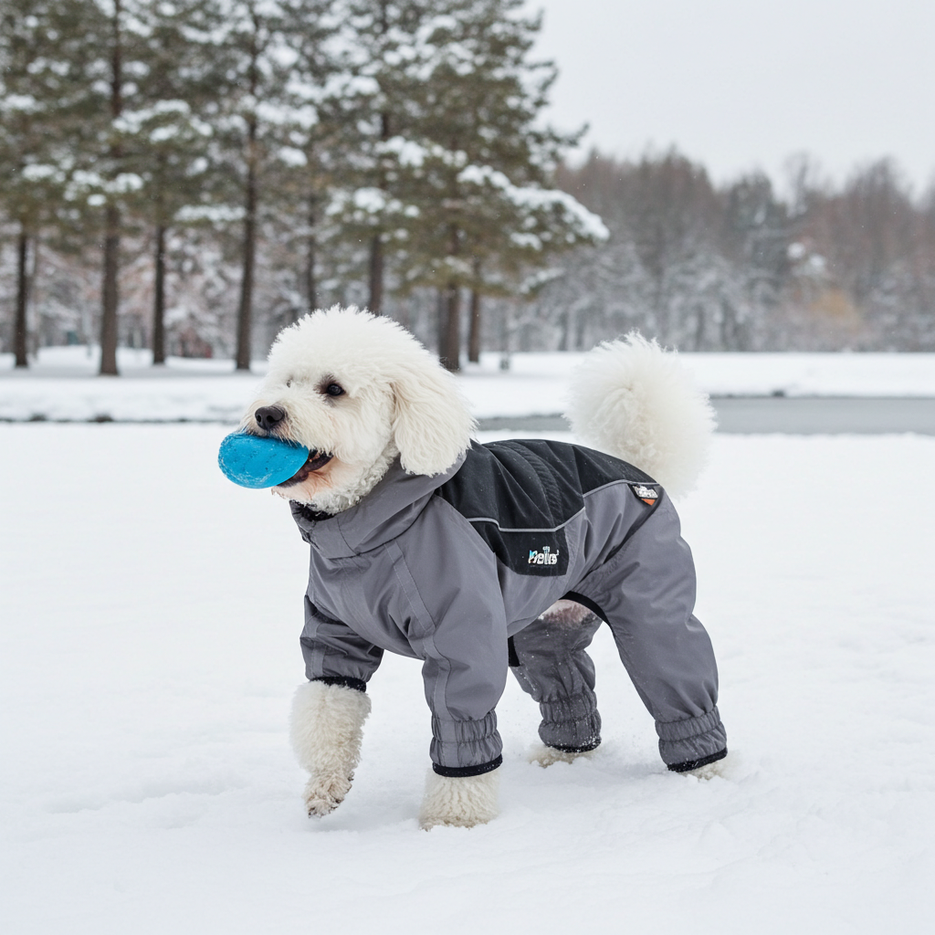 Dog Helios winter dog coat, dark gray padded full-body with hood and reflective logo