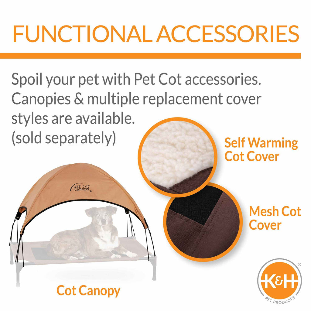 K&H pet cot accessories display with cot cover options, shown with a dark mesh section