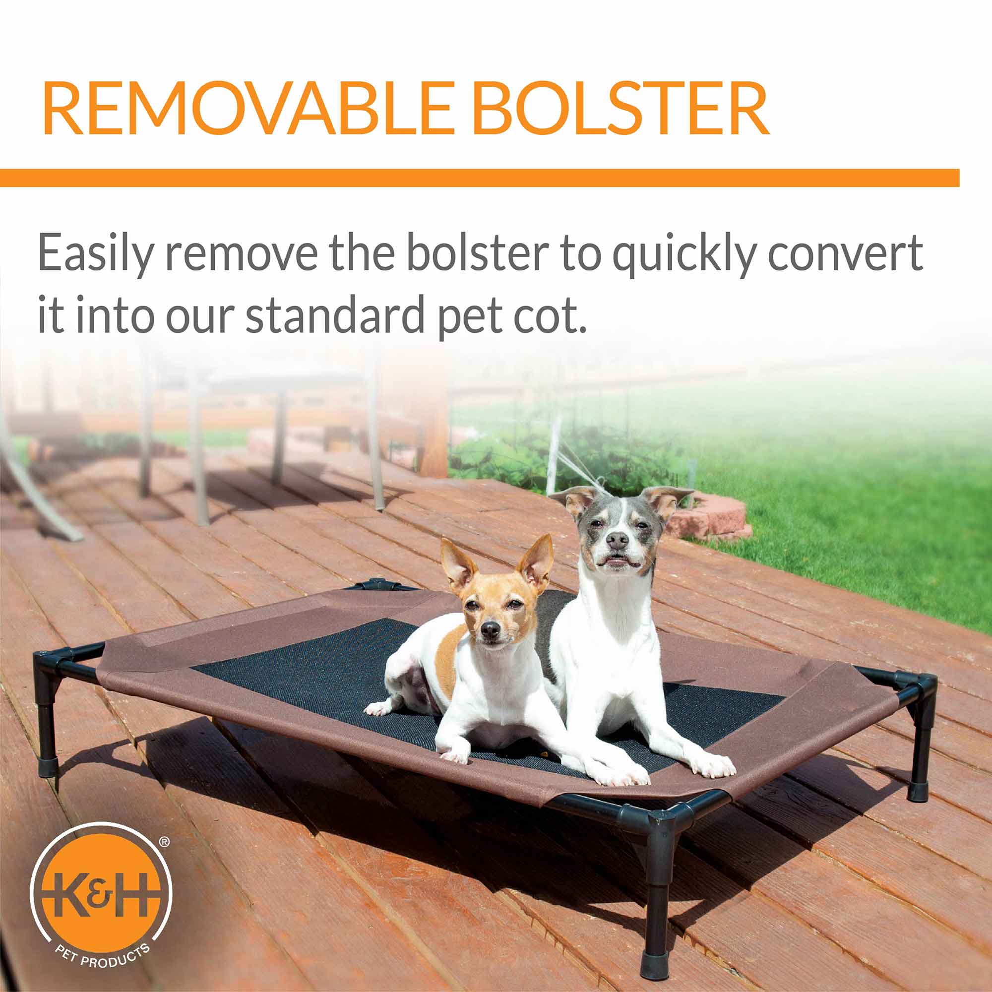 K&H pet cot base with dark mesh center on a wooden deck, no bolsters installed