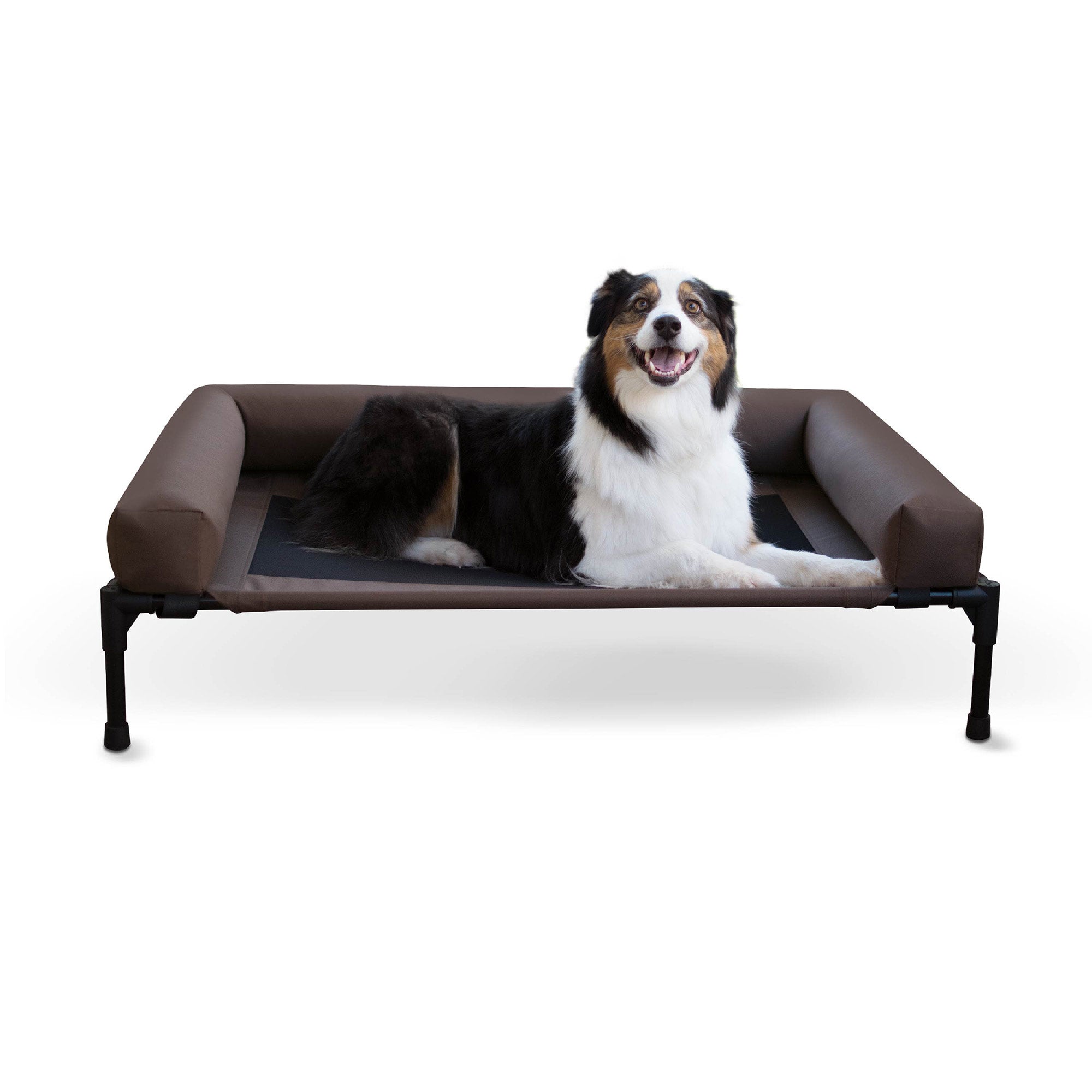K&H elevated pet cot with bolsters and dark mesh center, chocolate and black style