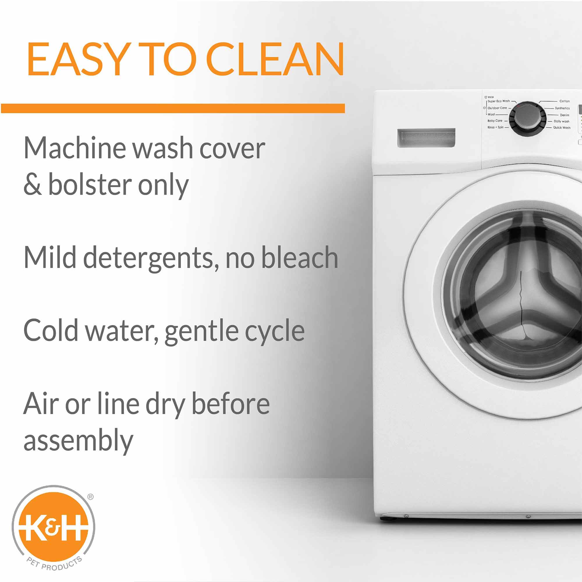 K&H pet cot cover cleaning instructions shown with a washer and dark mesh area
