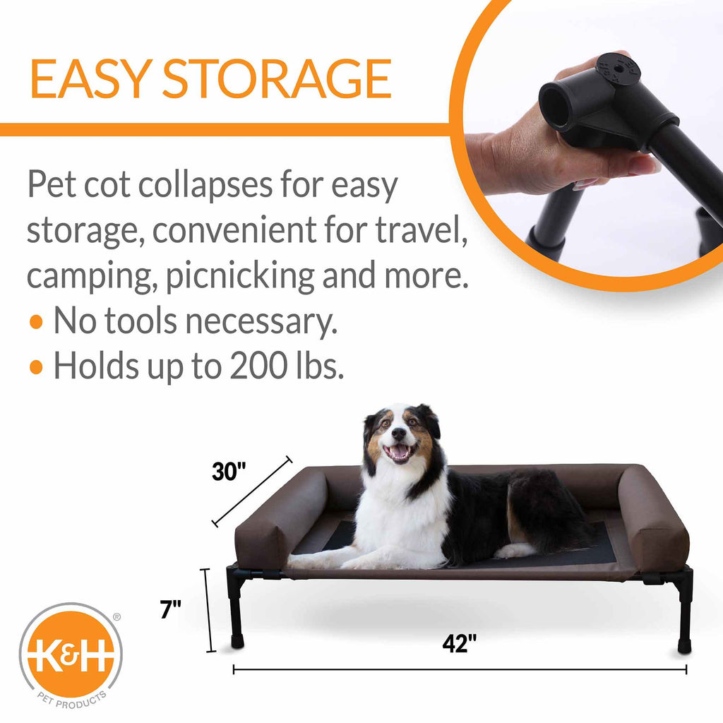 K&H elevated pet cot with bolsters and dark mesh center, chocolate and black color