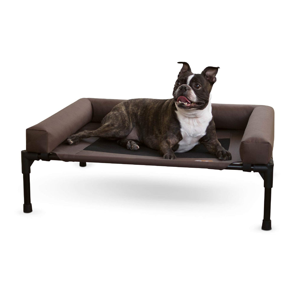K&H elevated pet cot with bolsters and dark mesh center, chocolate and black frame