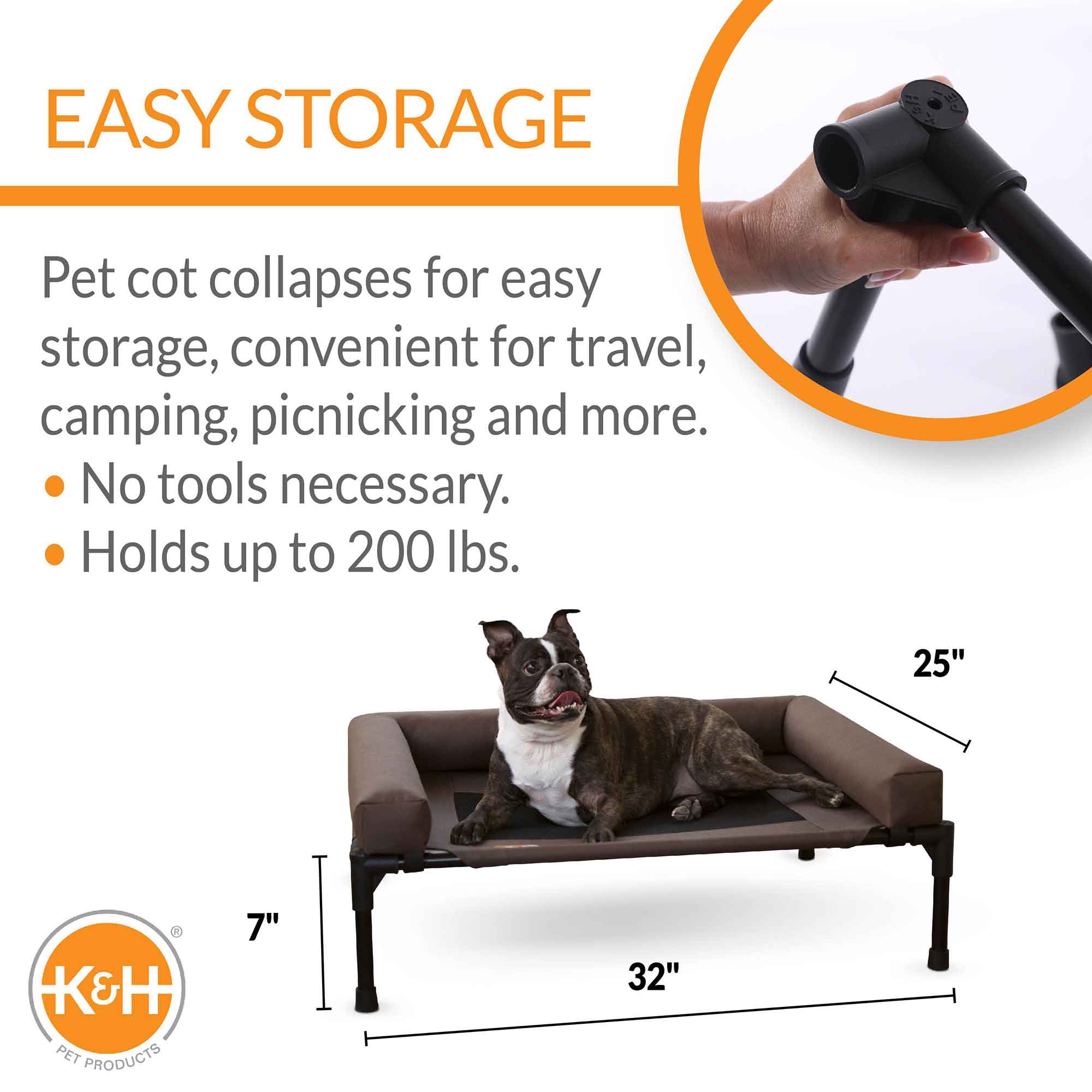K&H elevated pet cot with bolsters and dark mesh center, chocolate and black color