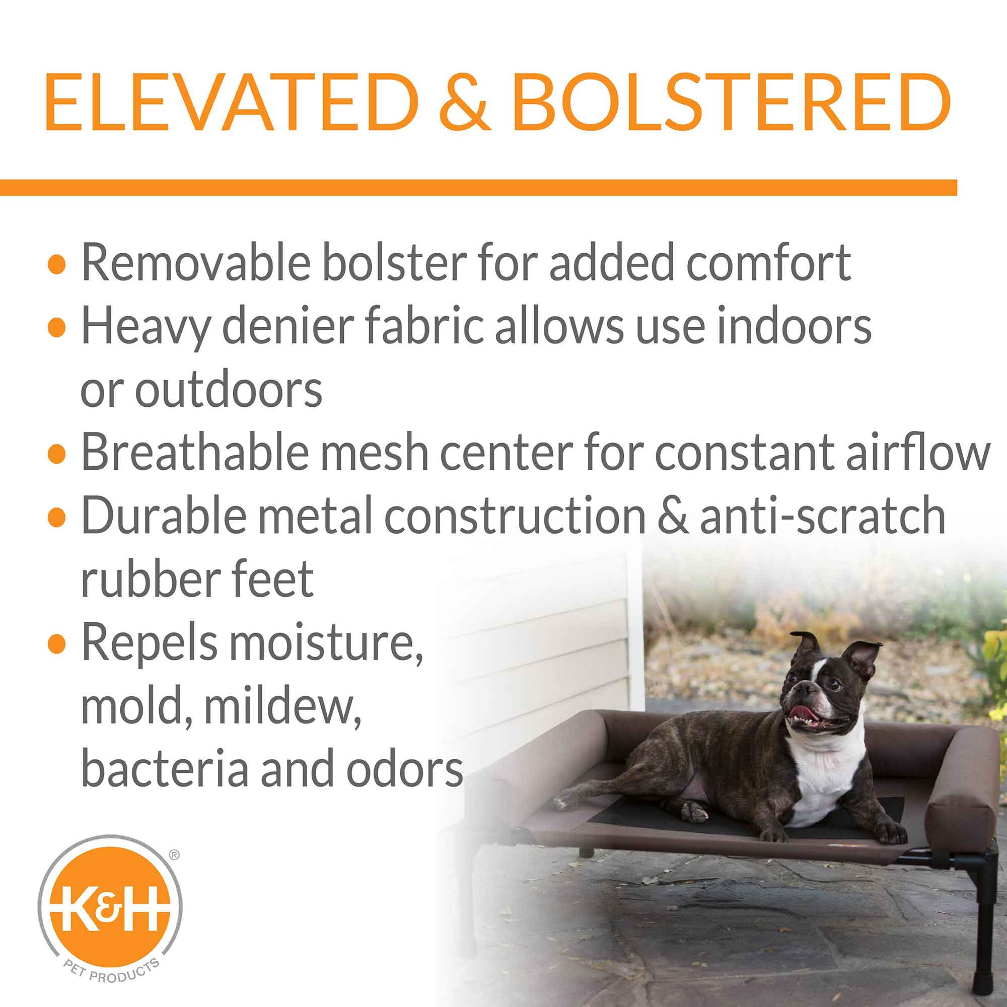 Elevated pet cot with bolster, chocolate-and-black fabric, black metal frame and legs