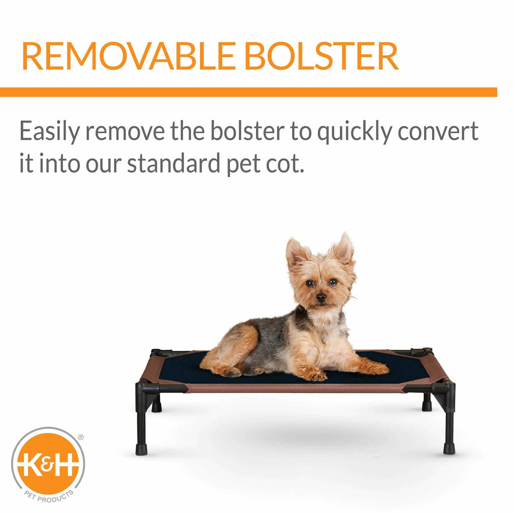 Pet cot base with removable bolster, chocolate frame and black mesh sleeping surface