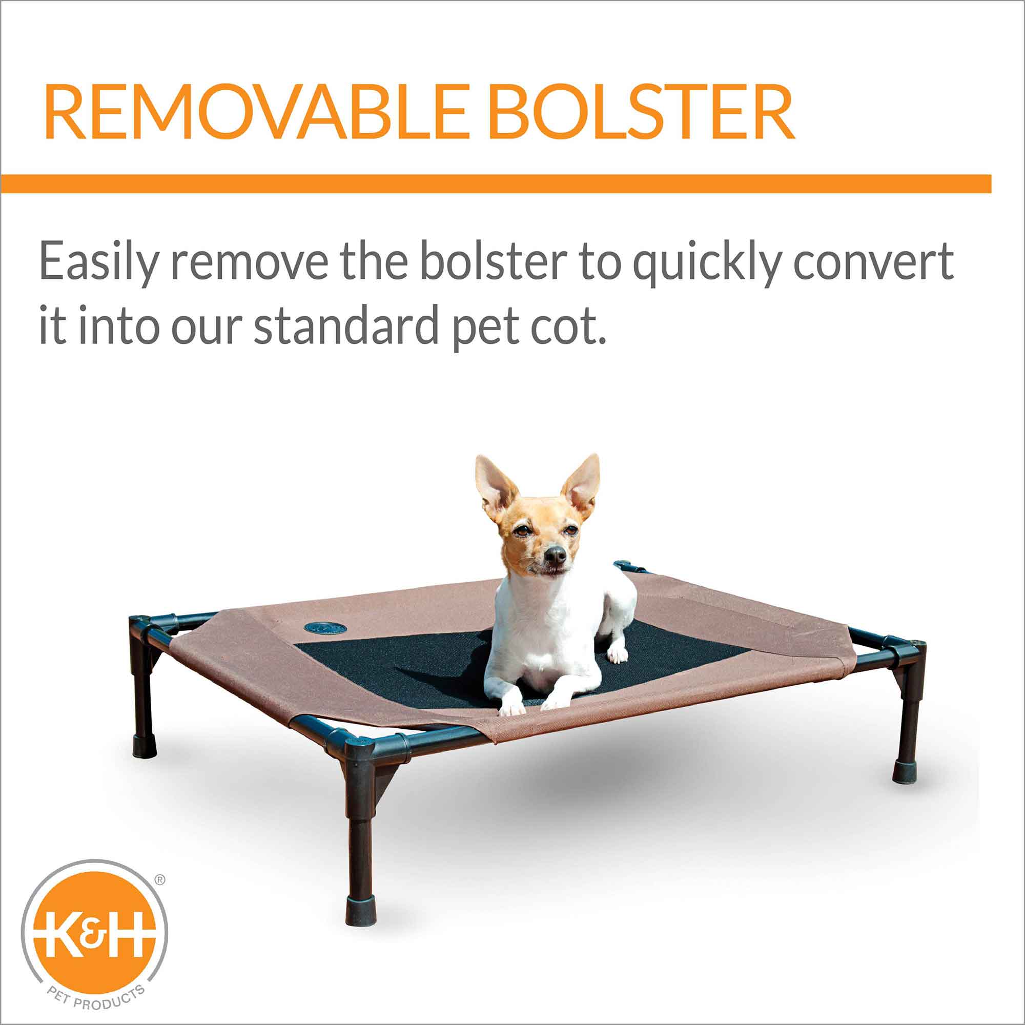 Elevated pet cot, chocolate fabric top with black mesh center, black metal legs